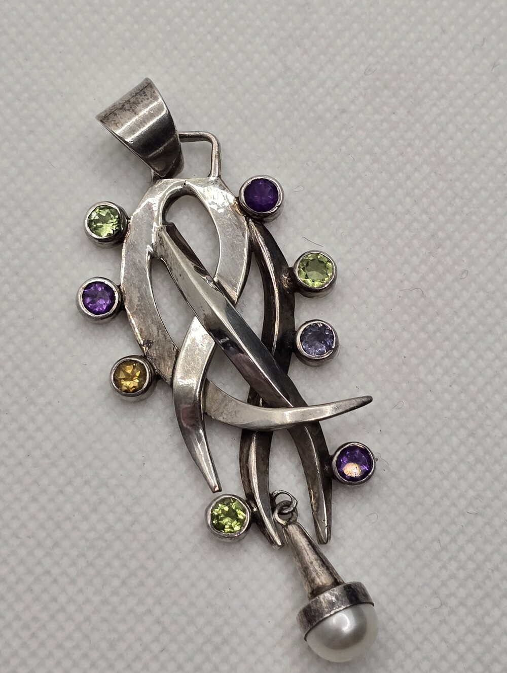 Modernist Sterling 925 Gemstone Pearl Pendant Large Brutalist